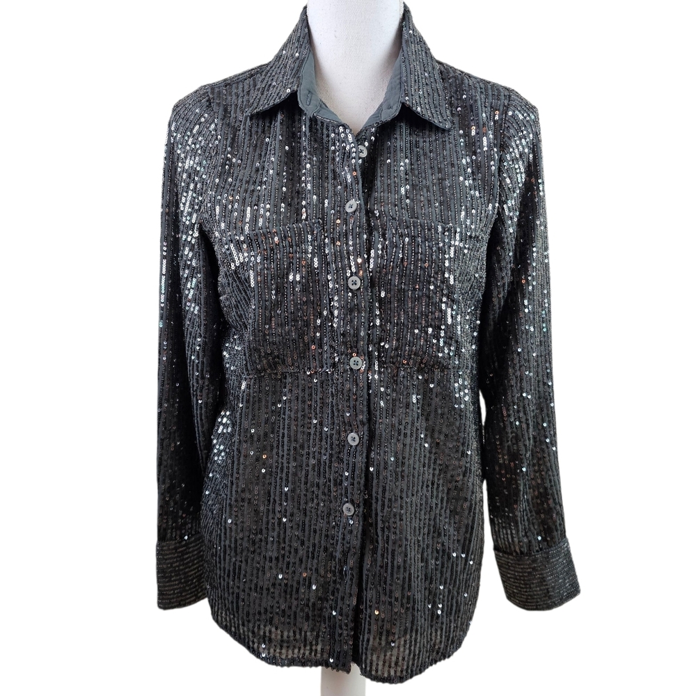 Anthropologie Gray Collared Sequined Button Down Shirt In S NWT - Picture 4 of 9